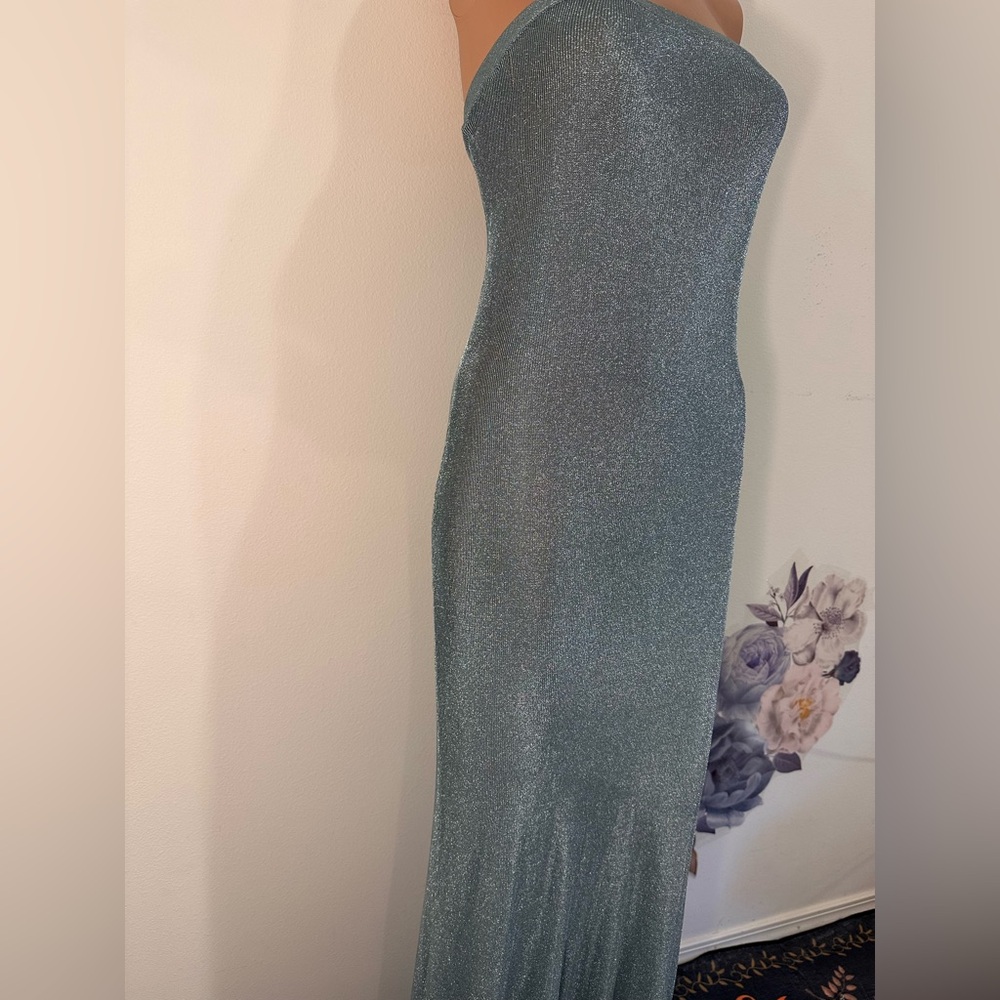 New SER.O.YA Narissa Metallic Knit Maxi Dress Sky Blue metallic, sheer strapless - Picture 8 of 10